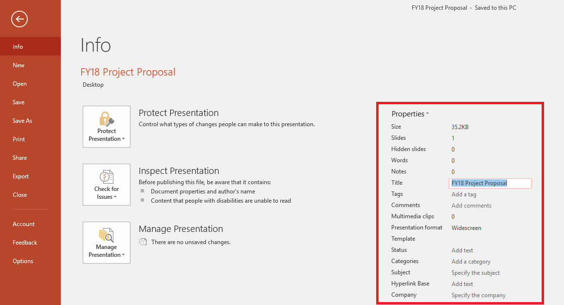 Office Document Properties - File > Info Panel